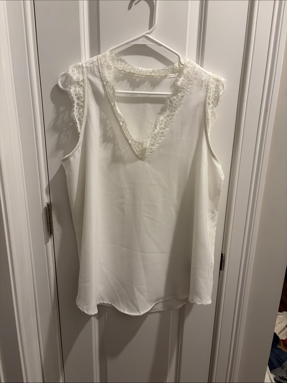 Ivory Lace Trim Sleeveless V-Neck Blouse